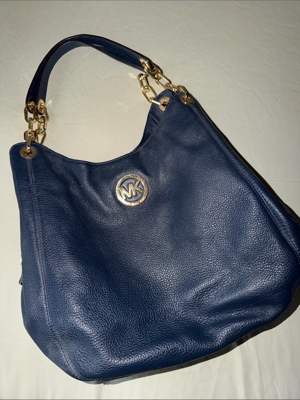 Michael Kors Navy Pebbled Leather Shoulder Hobo with Gold Hardware